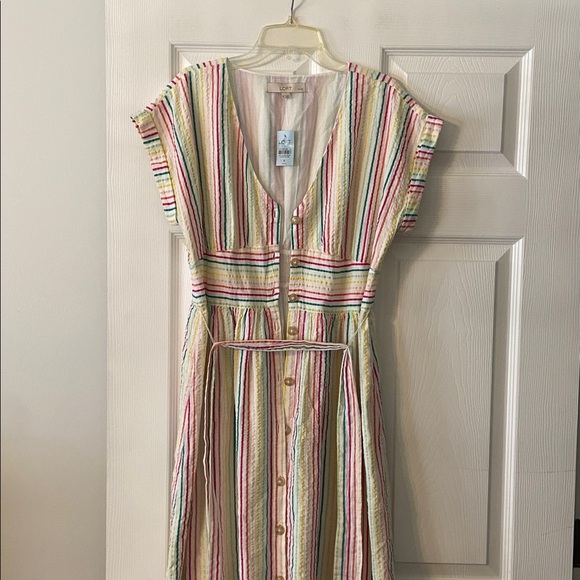 LOFT Colorful Striped Midi Summer Dress bottoms down size 8P brand new - Picture 2 of 12
